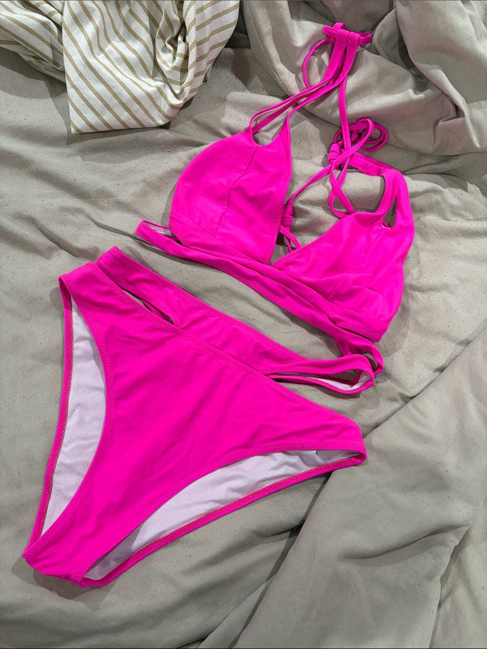 Neon Pink Tie-Halter Bikini Set